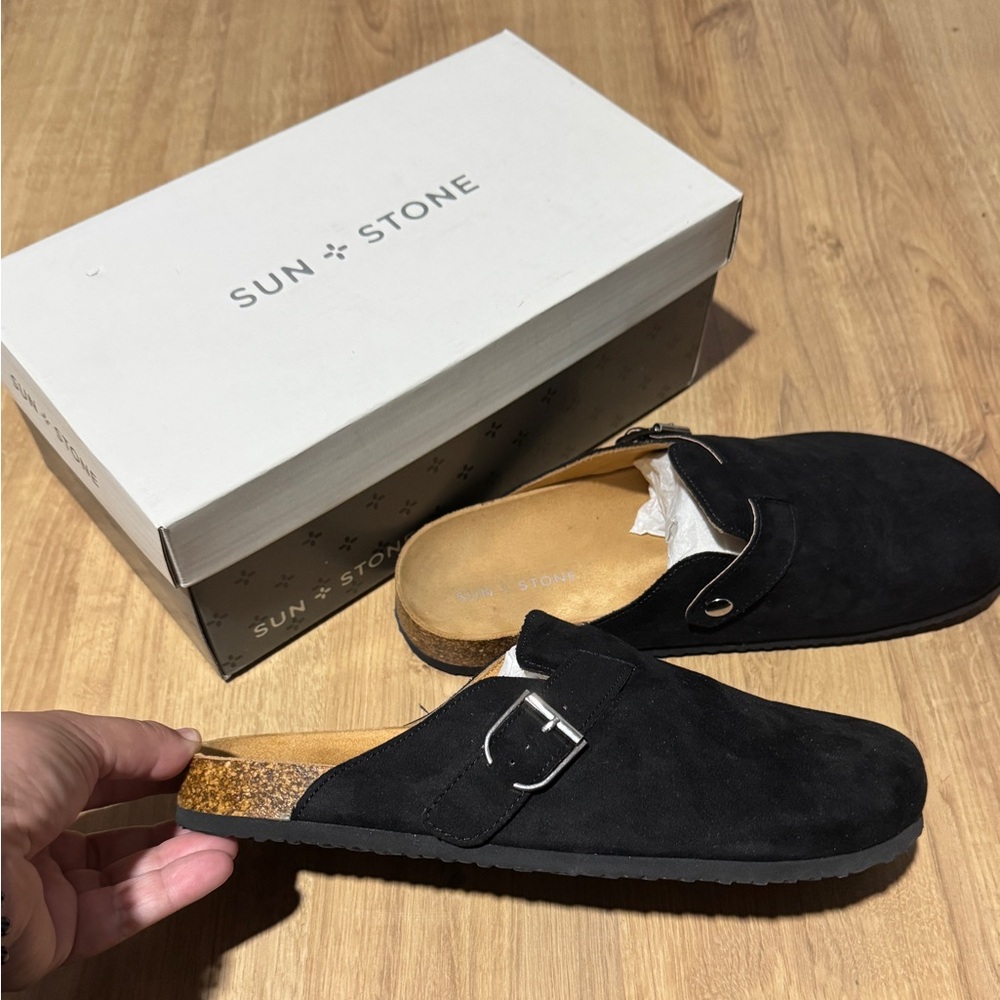 Sun + Stone Black Suede Slip-On Clogs